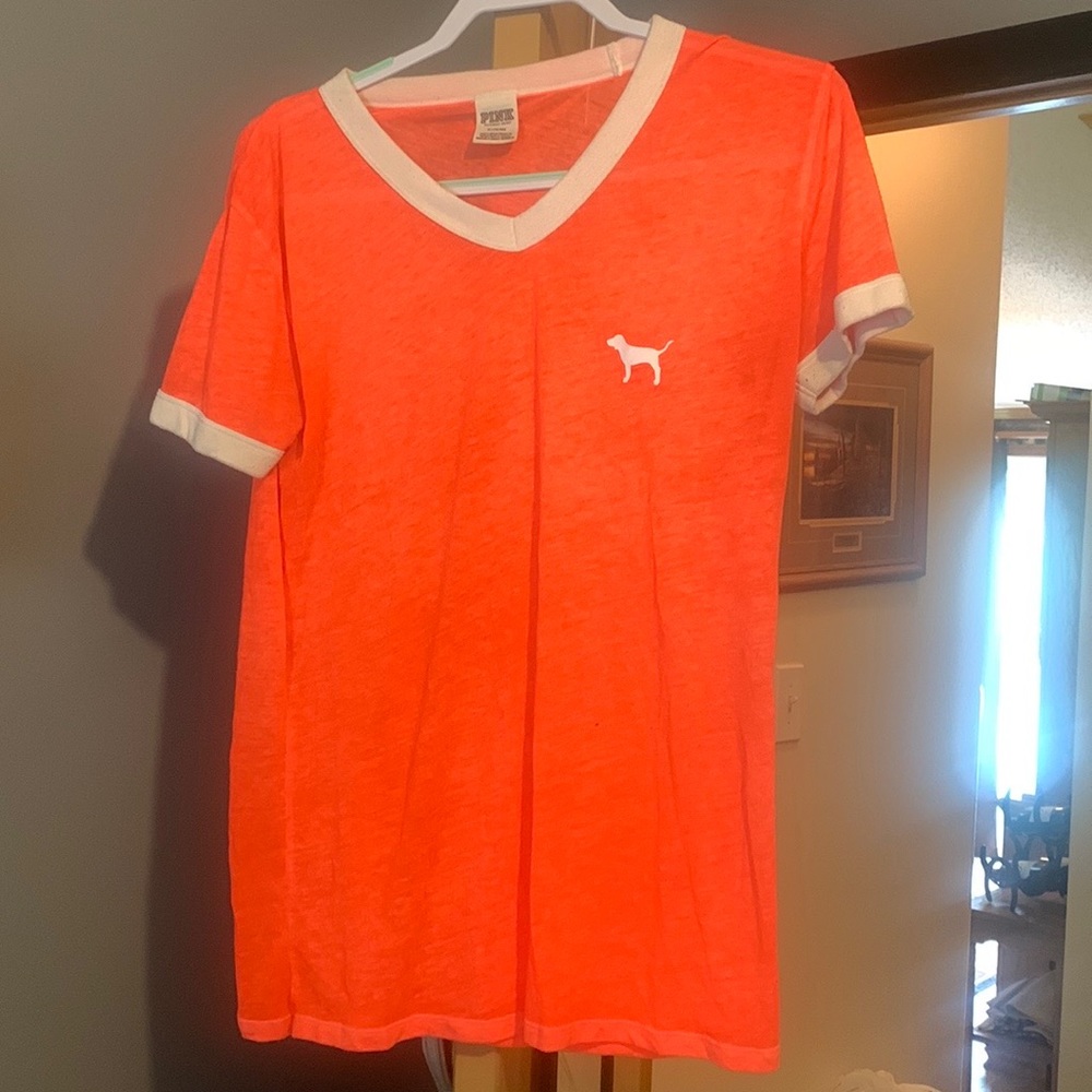 Orange Colored PINK Brand Slightly Sheer Short Sleeve T-Shirt with White Trim